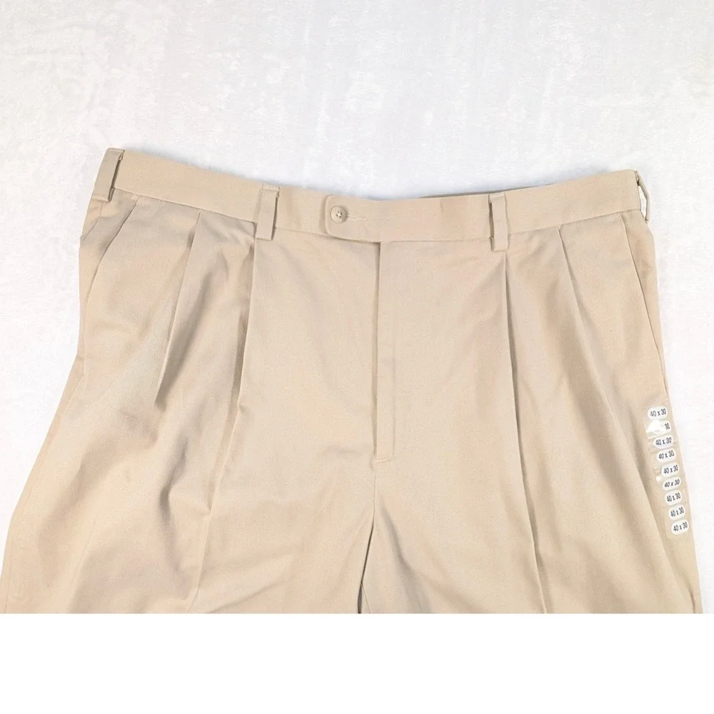 Perry Ellis Portfolio Mens 40x30 Pleated Cuffed Dress Khaki Pants Tan Beige NEW